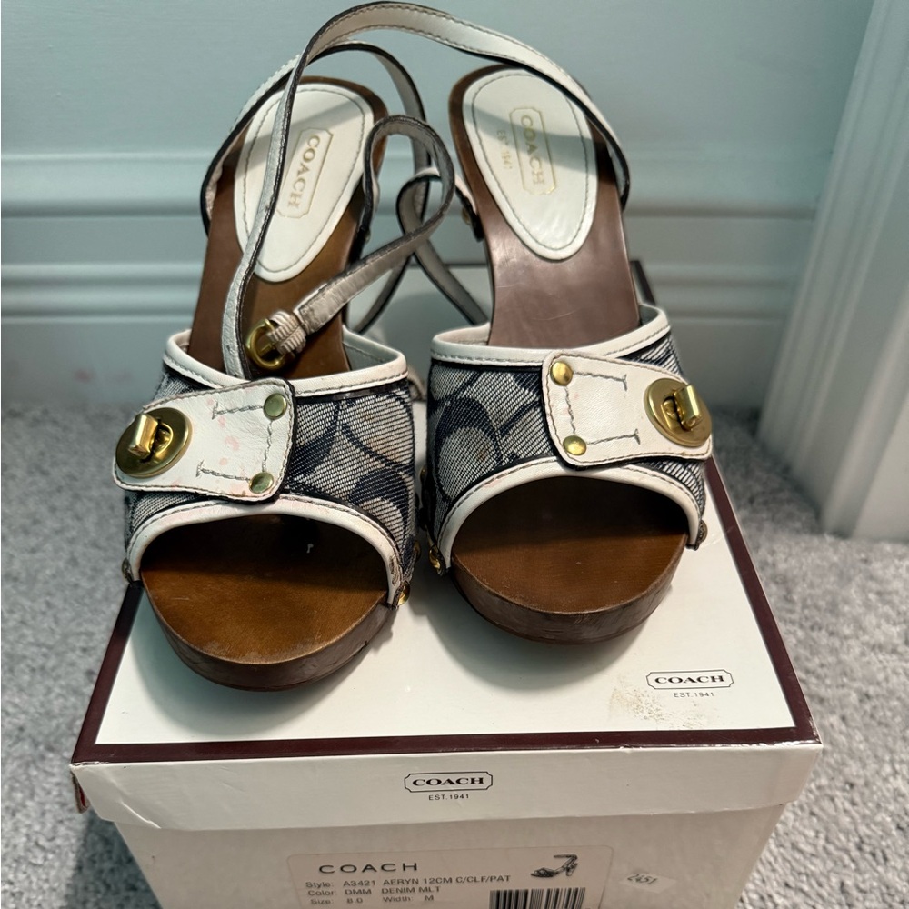 Coach heels. Blue denim/ white with wooden heel. Size 8